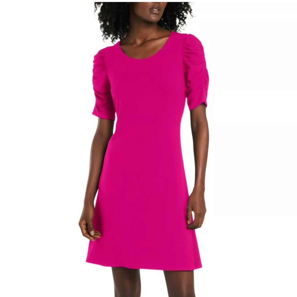 CeCe Rushed Sleeve Ponte Knit A-Line Dress (S)